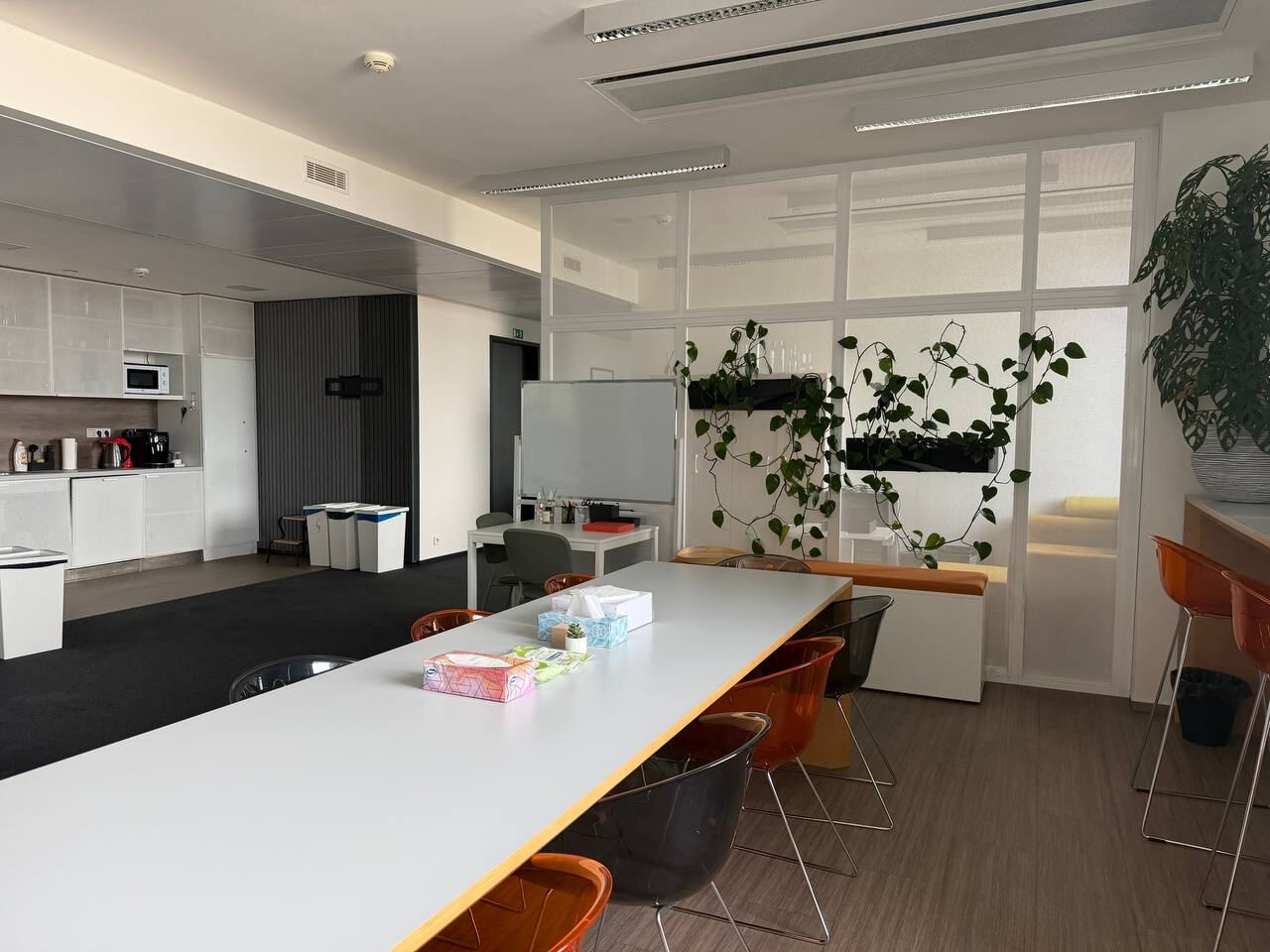 Kitchen and shared area with a long table, orange chairs, a kitchenette and plants